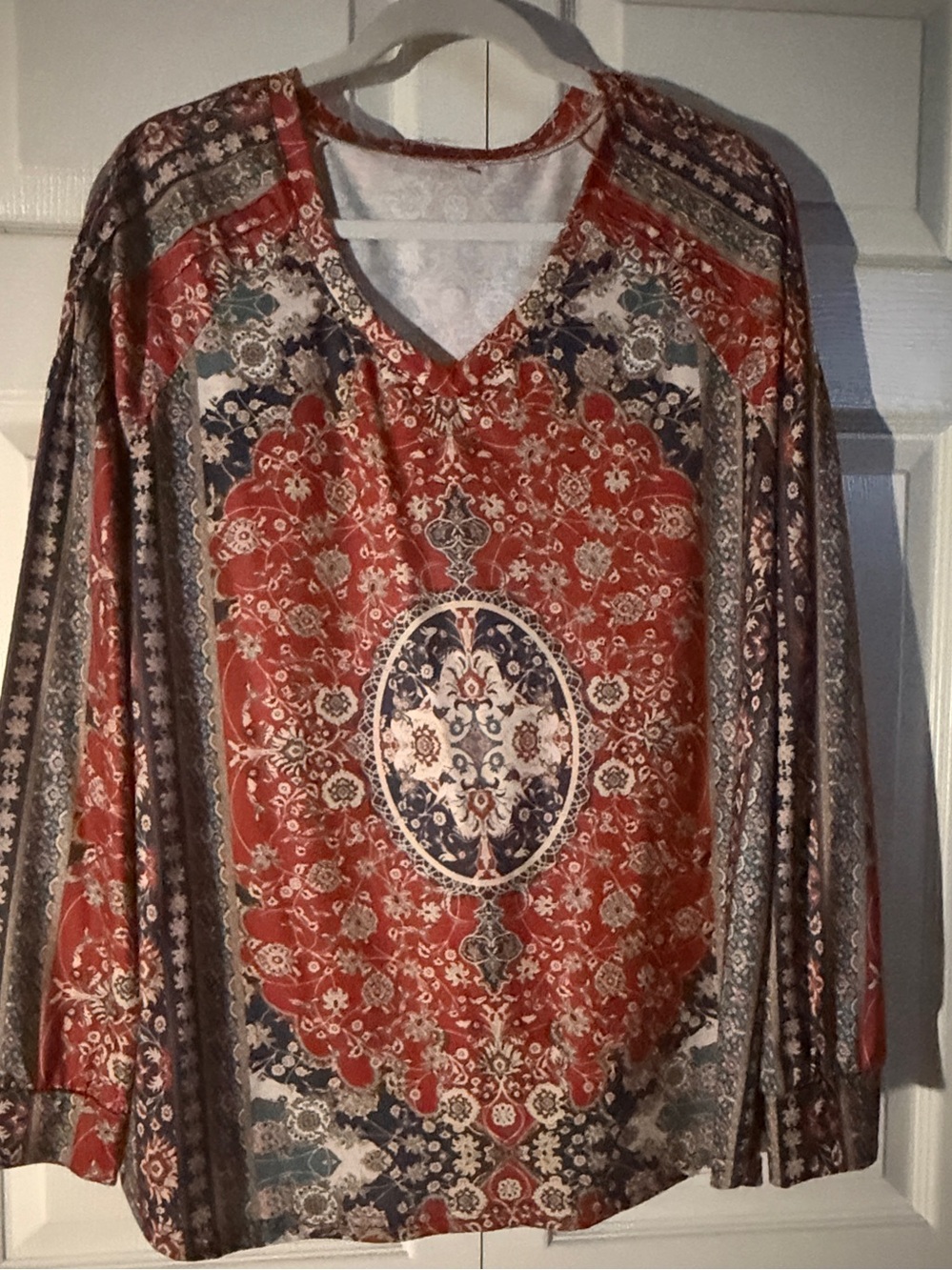 Rust Floral Medallion V-Neck Women's Top